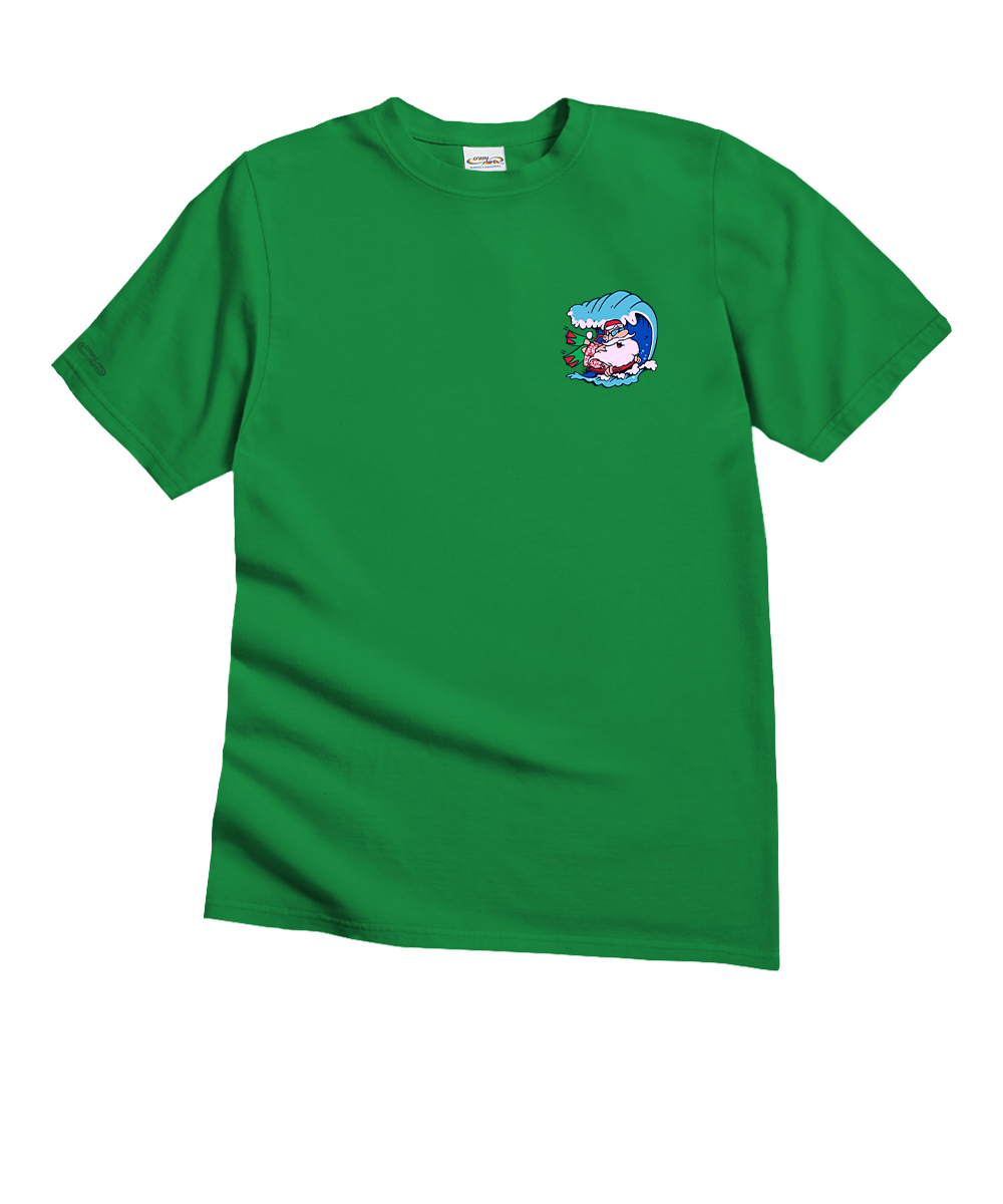 A bright green short-sleeve crewneck t-shirt with a small cartoon graphic on the left chest showing a pink cat in a blue hat under a blue wave, displayed on a solid white background. View 4