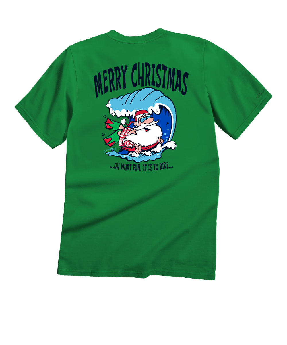 A green short-sleeve t-shirt shown from the back, featuring a large Christmas graphic of a cartoon dog in a Santa hat riding a wave with the text 'MERRY CHRISTMAS' and '. View 1