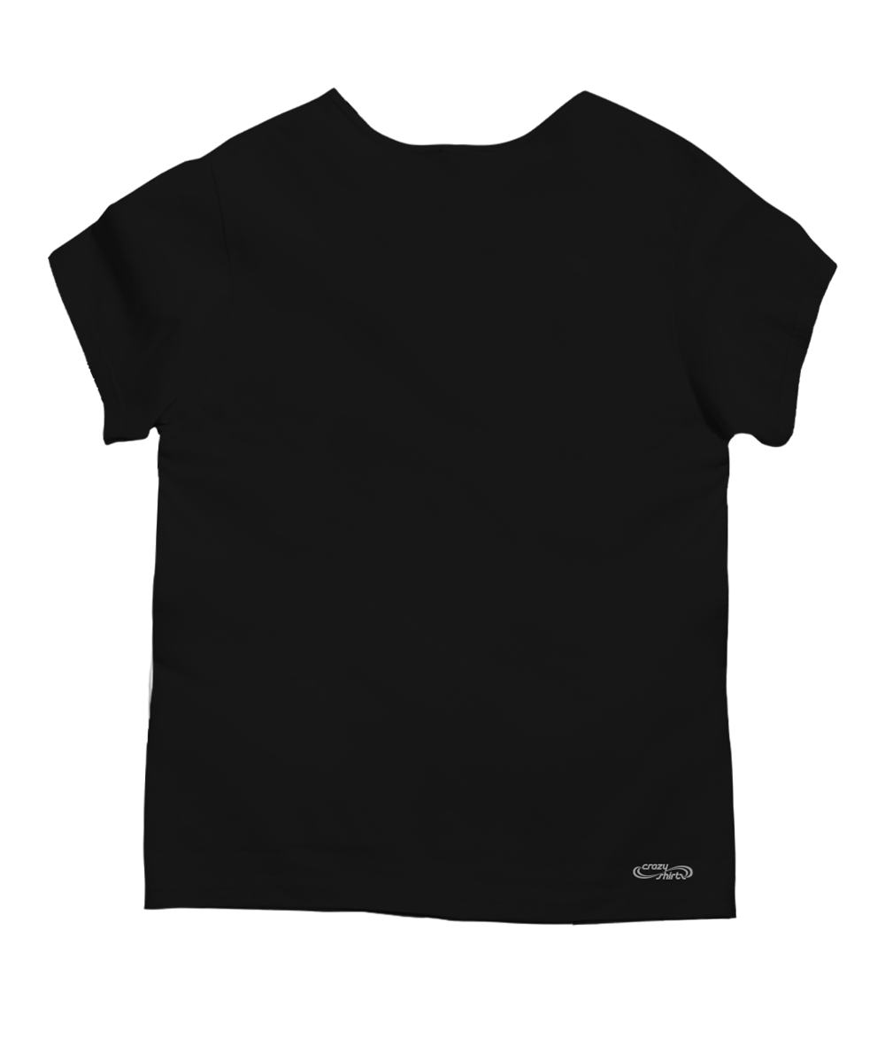 A black short-sleeve crewneck t-shirt shown flat against a plain white background, featuring a small white logo on the bottom right hem. View 4