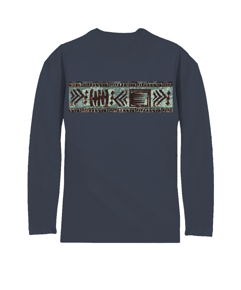 A long-sleeve crewneck shirt in dark navy blue, featuring a horizontal geometric pattern across the chest with tribal-style arrow and geometric motifs in red, beige, and light blue. View 4