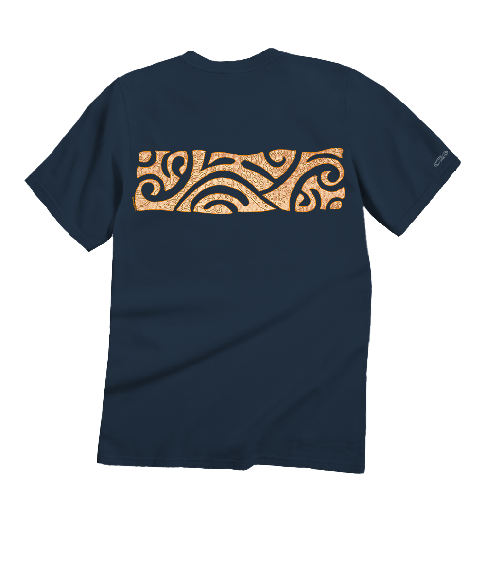 A navy blue short-sleeve t-shirt shown from the back, featuring a wide horizontal band across the upper back with a tan and black tribal swirl pattern. View 4