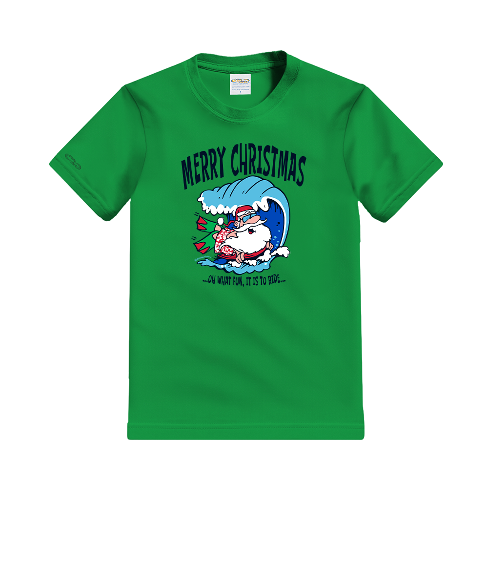 Green tee on a white background with a christmas design printed on the front View 1