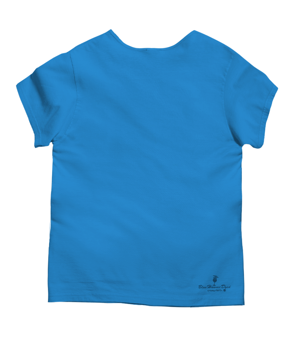 A bright blue short-sleeve t-shirt shown from the back, featuring a small black printed logo and text near the bottom right hem, set against a plain white background. View 4
