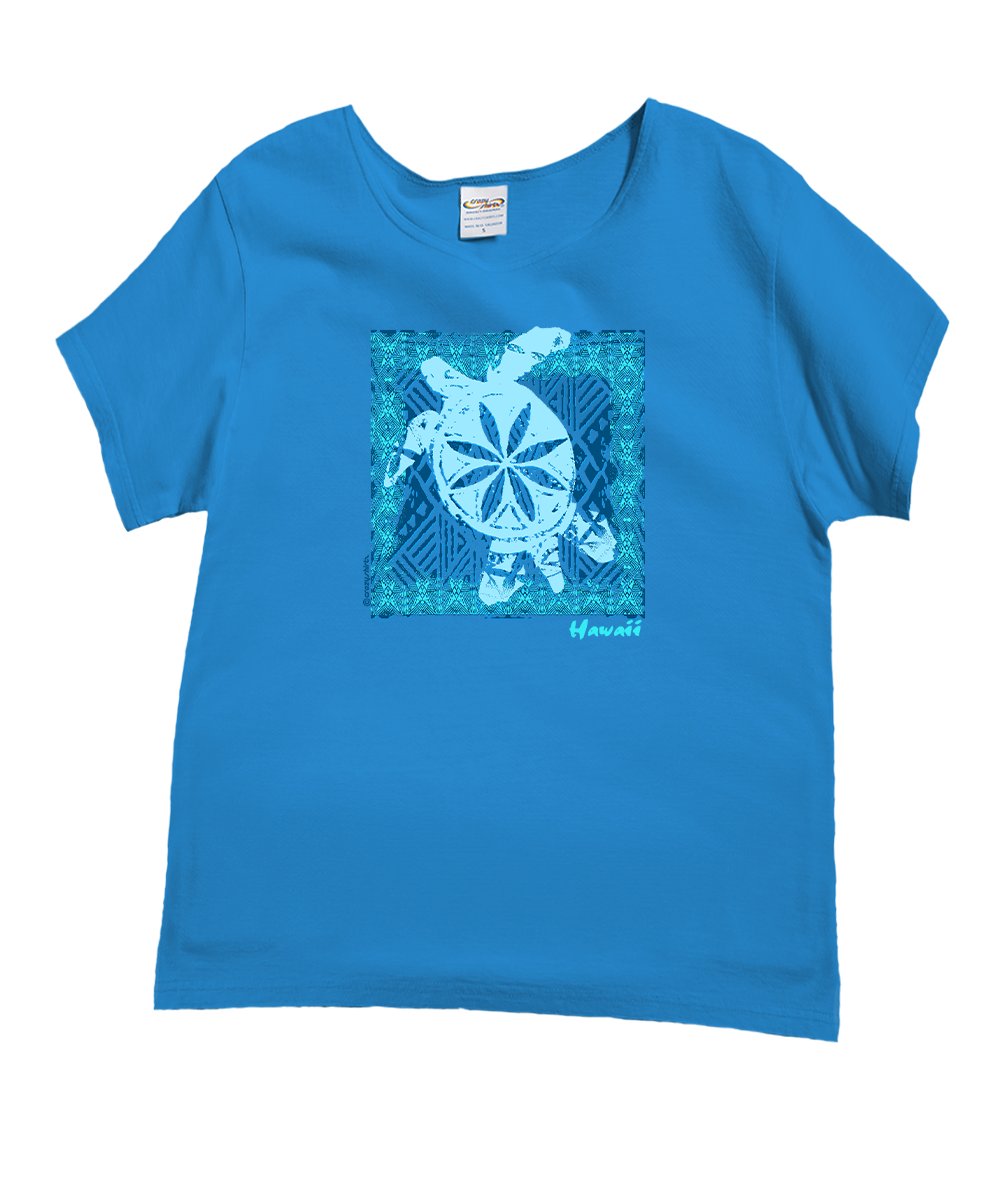 A bright blue short-sleeve t-shirt with a central graphic of a sea turtle in white and light blue over a teal patterned square, displayed on a clean white background. View 1