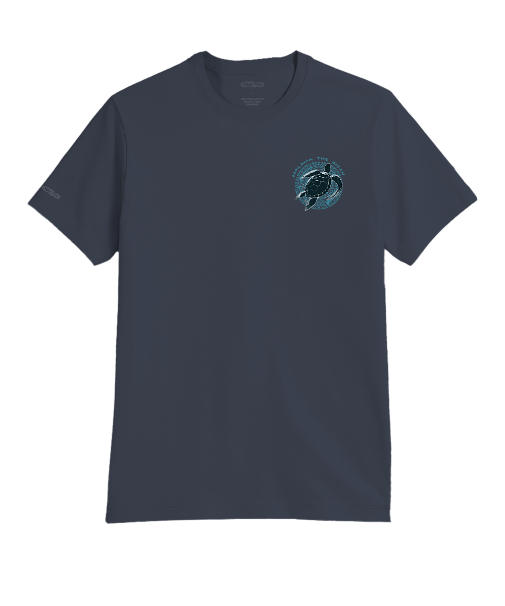 A dark slate blue crewneck t-shirt with a small circular sea turtle graphic printed on the left chest, displayed on a solid white background. View 4