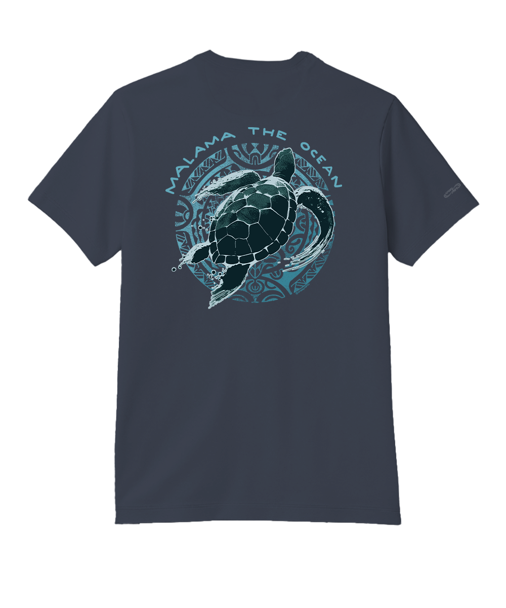 A dark gray short-sleeve t-shirt shown from the back, featuring a large graphic print of a sea turtle surrounded by Polynesian-style patterns and the text 'MALAMA THE OCEAN'. View 1