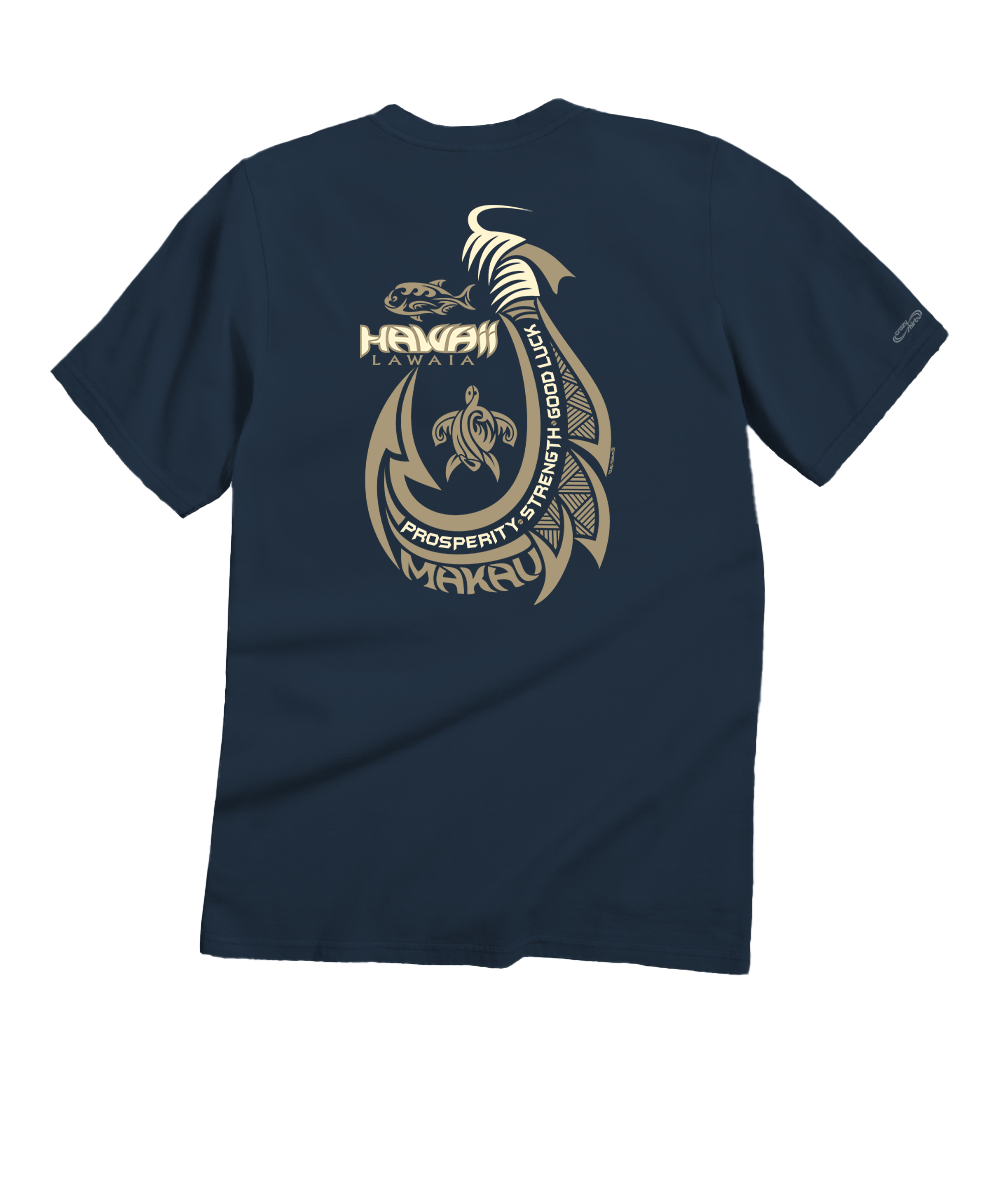A dark charcoal gray short-sleeve t-shirt with a design of a Hawaiian hook shown against a plain white background. View 1