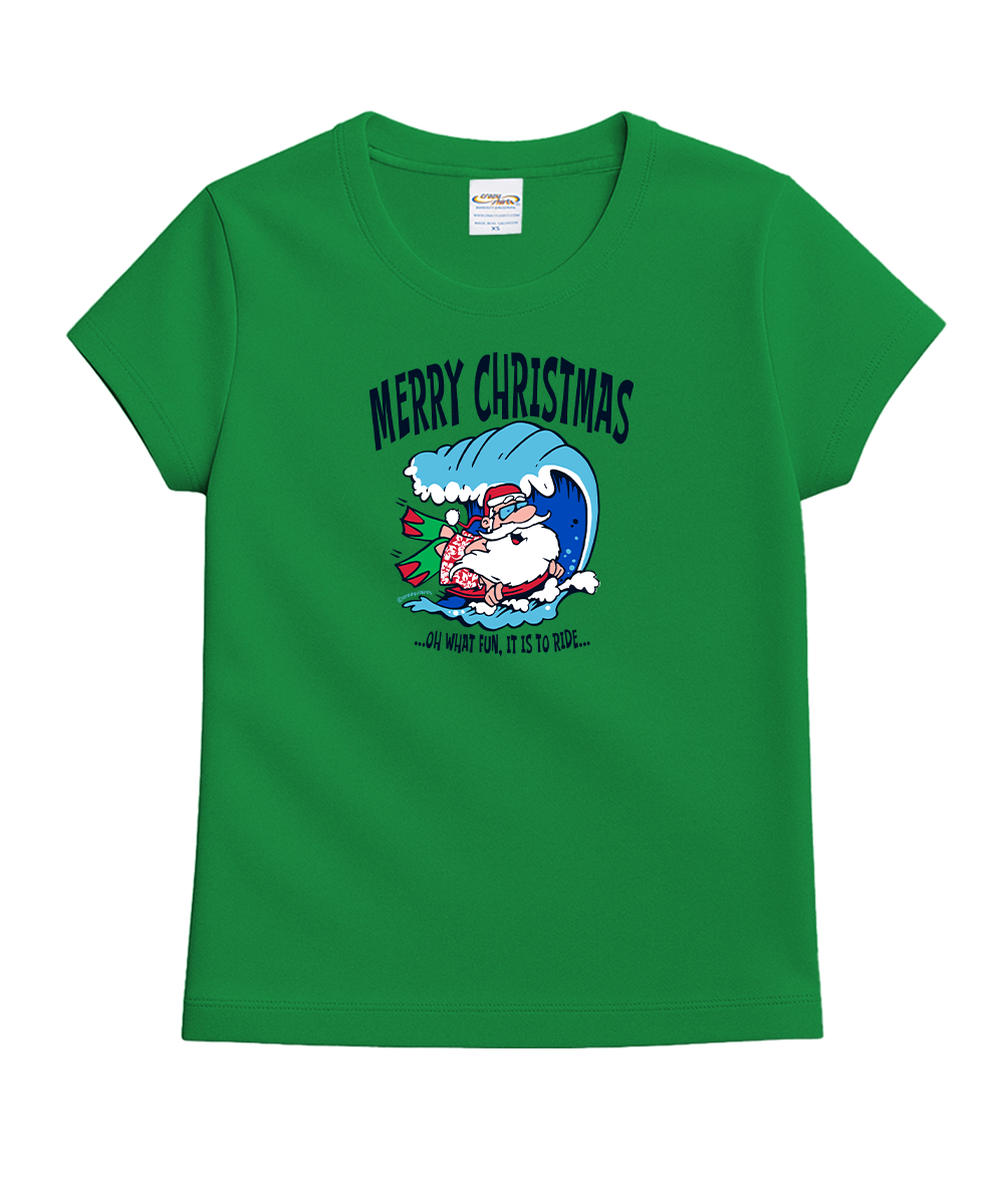 A green short-sleeve t-shirt with a 'Merry Christmas' graphic featuring a cartoon dog surfing on a wave, displayed on a clean white background. View 1