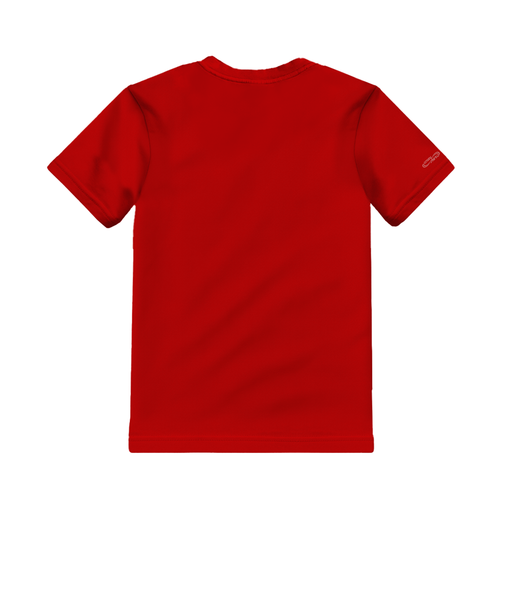 A red short-sleeve crewneck t-shirt shown from the back, laid flat against a solid white background. View 4