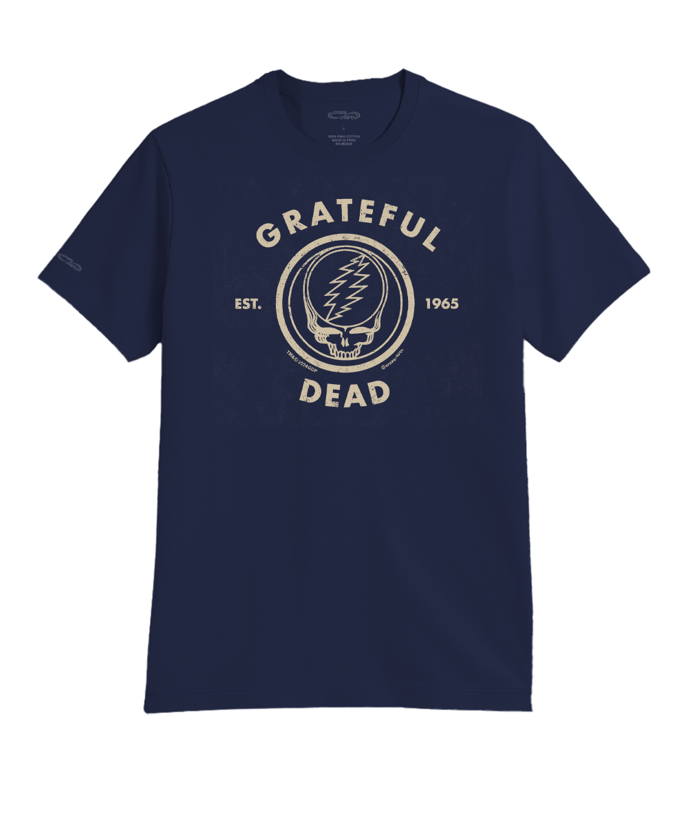 A navy blue short-sleeve t-shirt with a vintage-style beige graphic on the chest featuring the Grateful Dead Steal The Face logo, the words 'GRATEFUL' and 'DEAD', and 'EST. 1965'. View 1