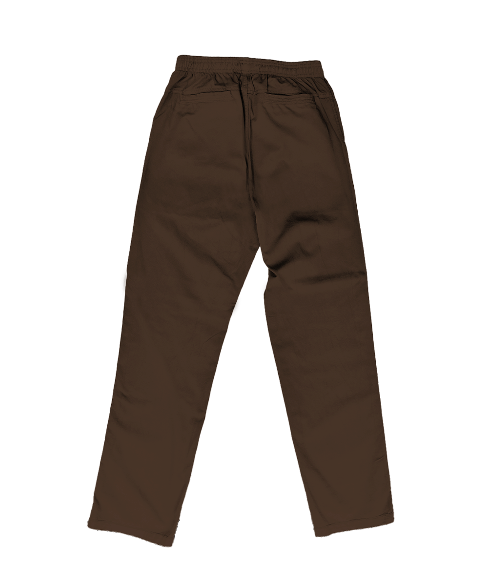 A pair of light gray drawstring pants shown from the back, laid flat on a solid white background. View 4