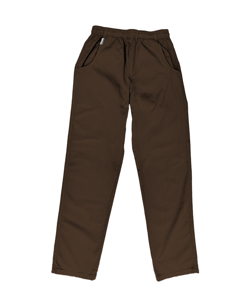 A pair of light gray drawstring pants with zippered side pockets, laid flat against a white background. View 2