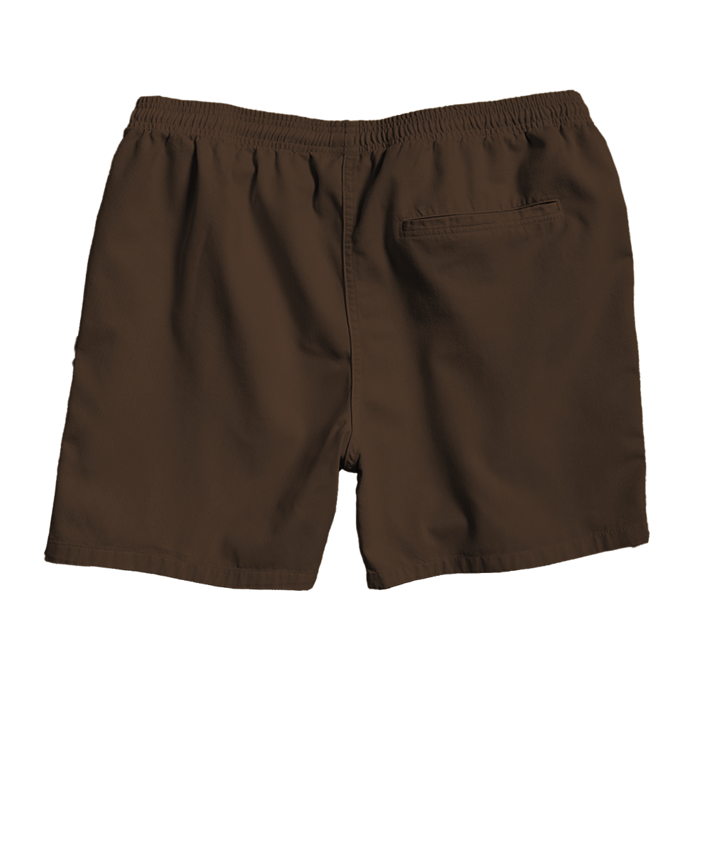 A pair of khaki-colored casual shorts with an elastic waistband and a back pocket, shown from the back on a white background. View 4