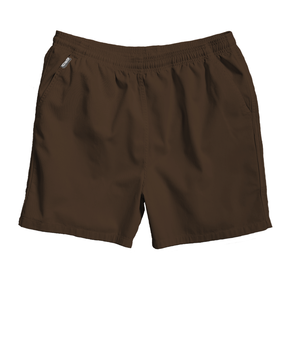 A pair of men's casual shorts in a light taupe-beige color, featuring an elastic waistband and side pockets, shown against a plain white background. View 3