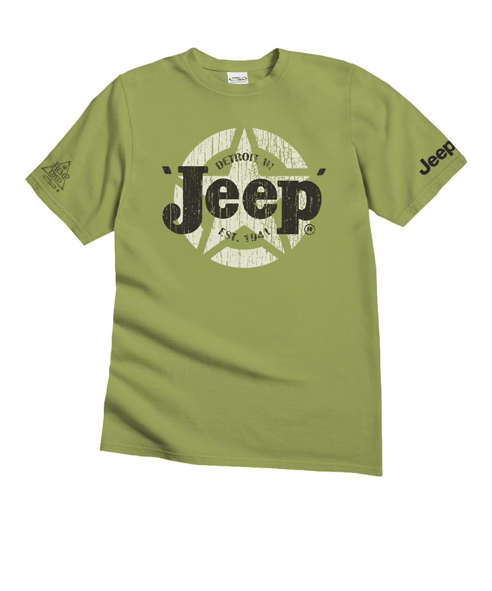 Green t-shirt with Jeep logo on a white background View 1