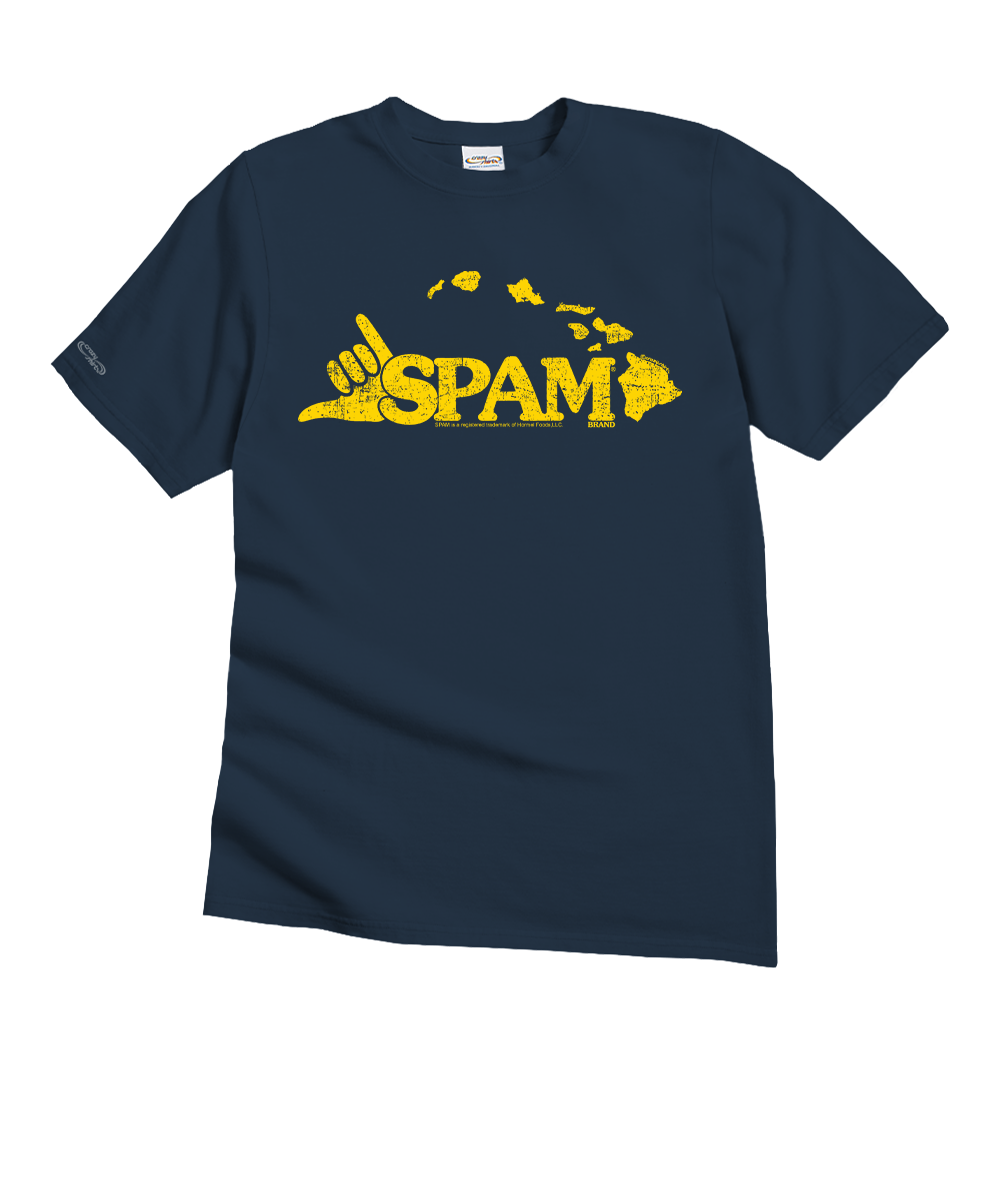 Navy blue t-shirt with yellow 'SPAM' logo on a white background View 1