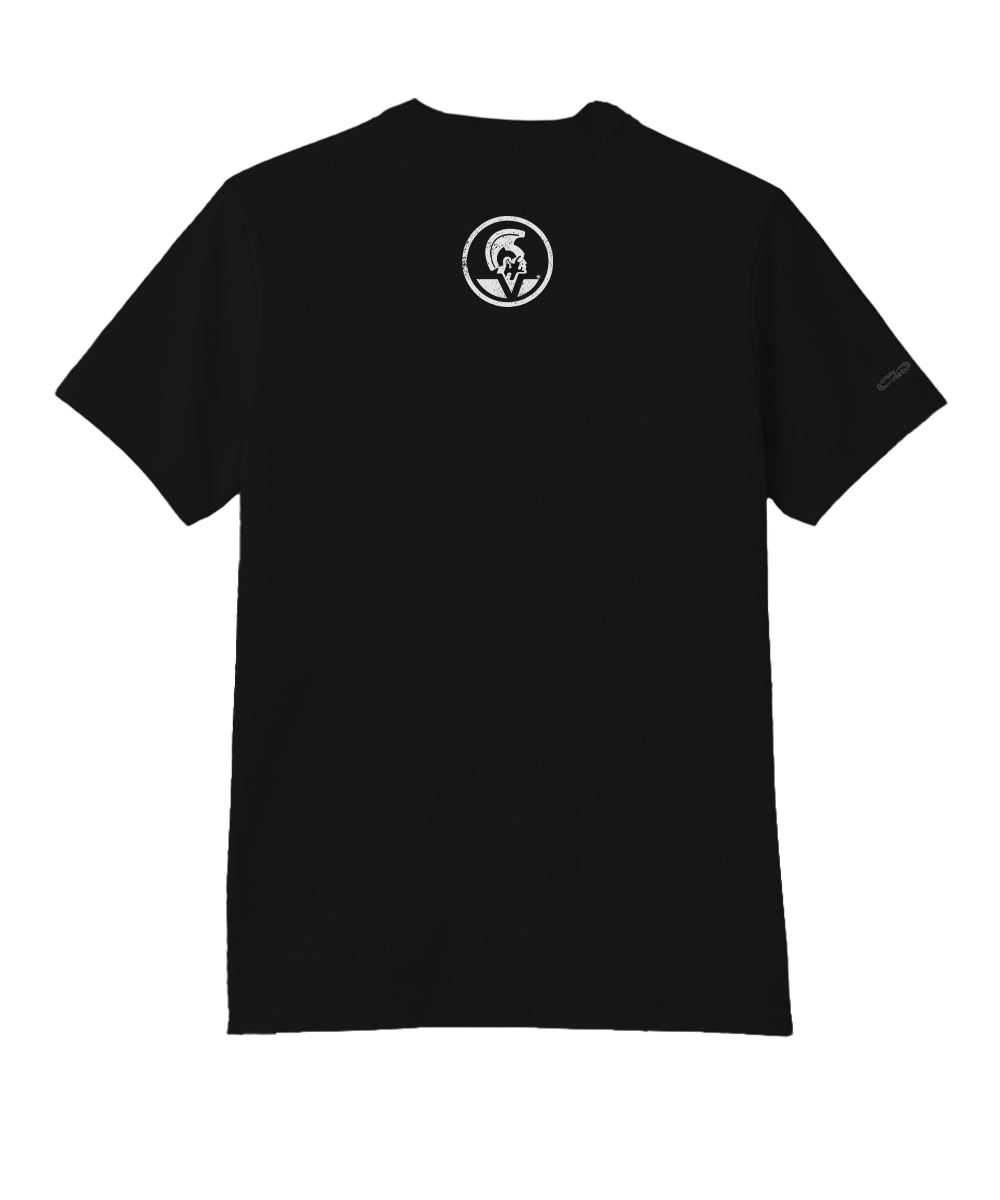 Black t-shirt with a logo on the back against a white background View 4
