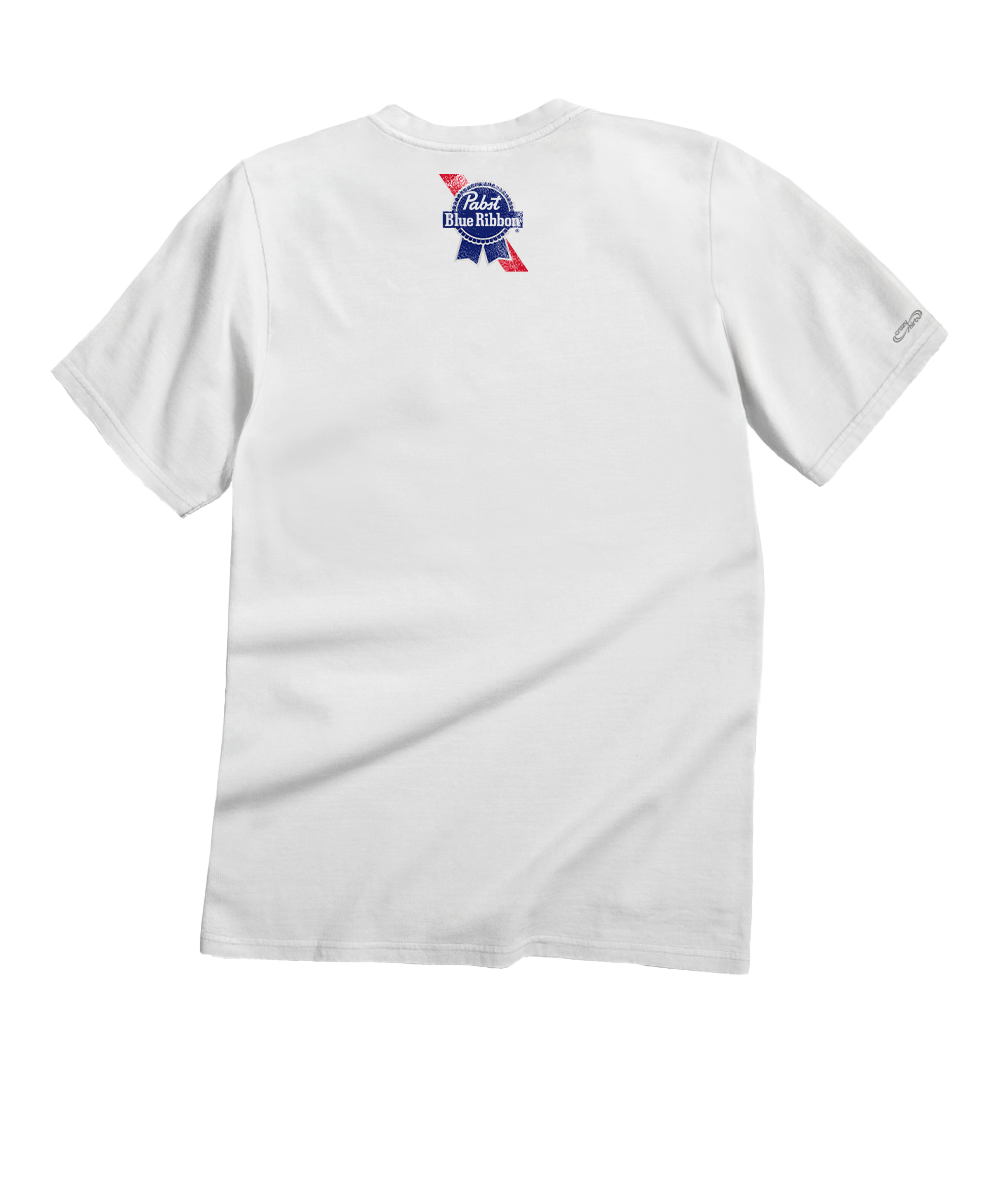 White t-shirt with a logo on the back against a white background View 4