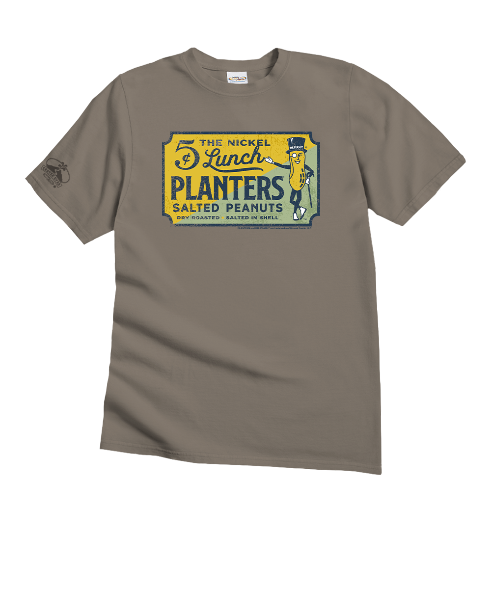 Brown t-shirt with vintage Planters Peanuts label design on a white background View 1