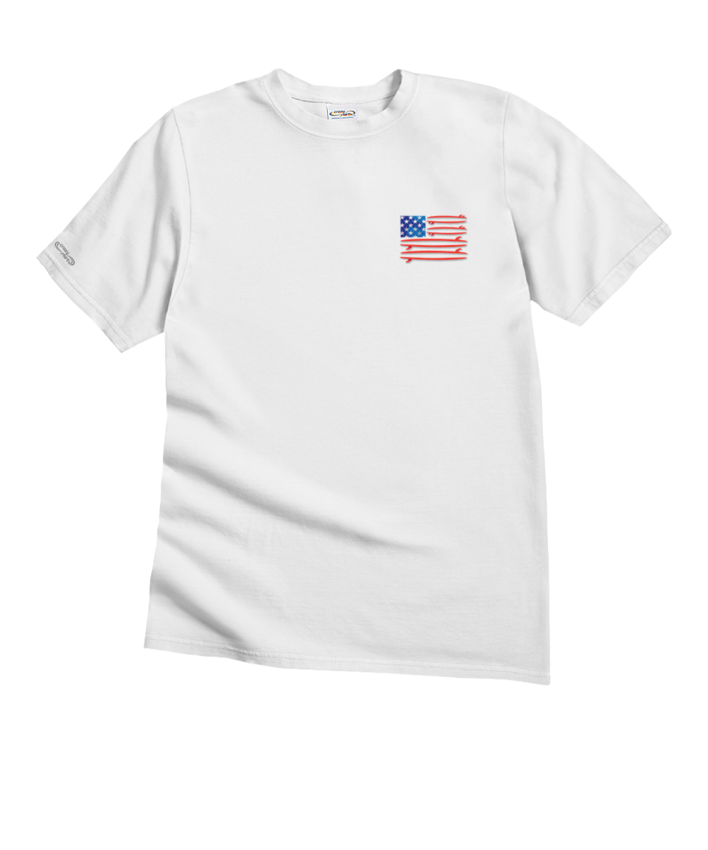 White t-shirt with an American flag patch on a white background View 4