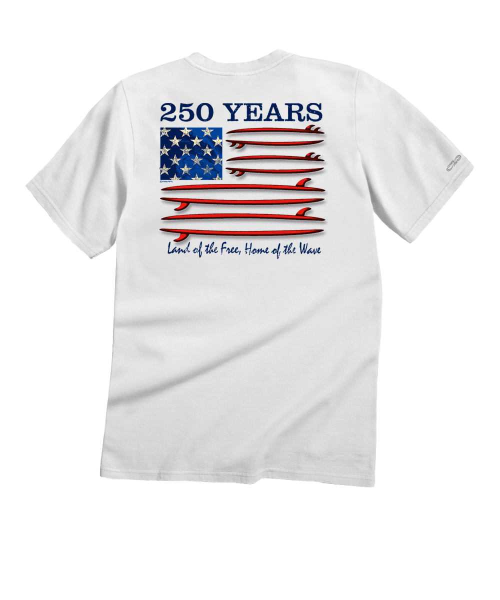 White t-shirt with American flag and text design on a white background View 1