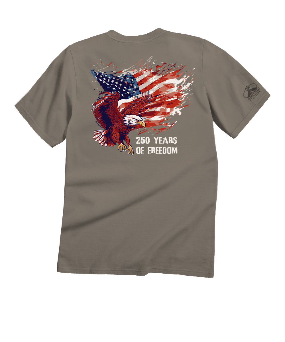 T-shirt with an eagle and American flag design on a beige background