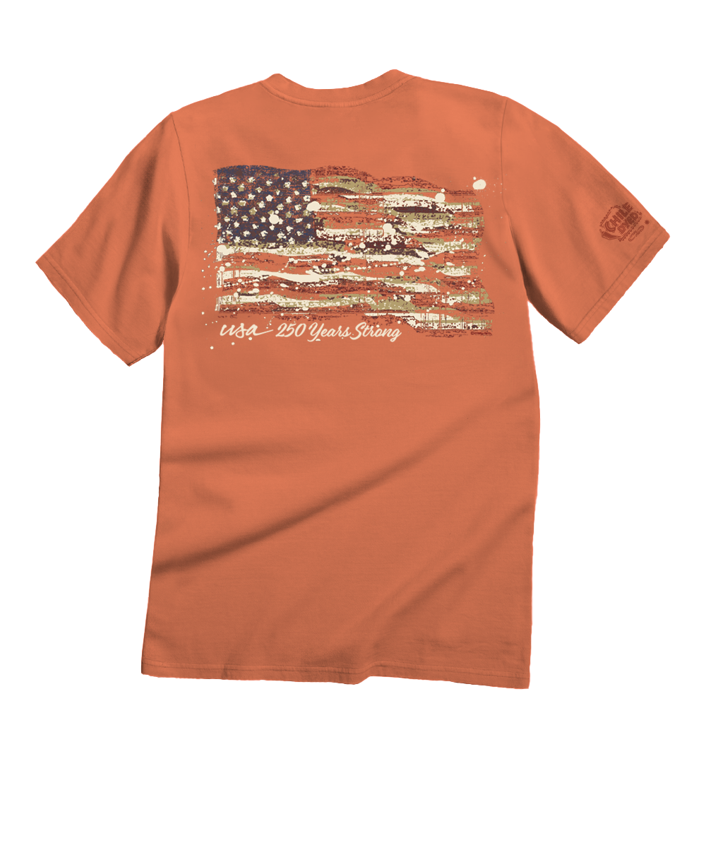 Orange t-shirt with American flag graphic on a white background