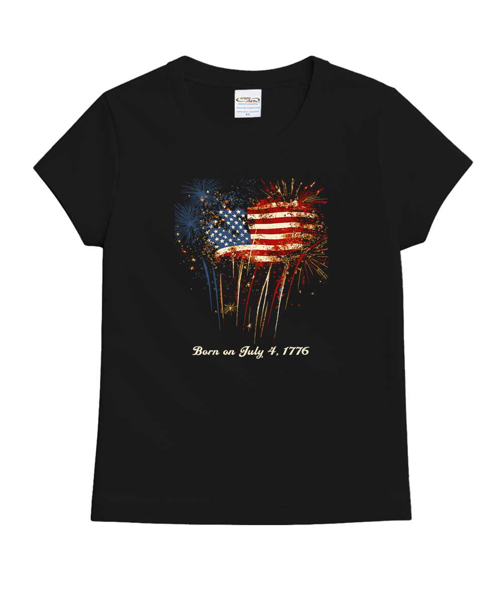 Black t-shirt with American flag design and text on a white background View 1