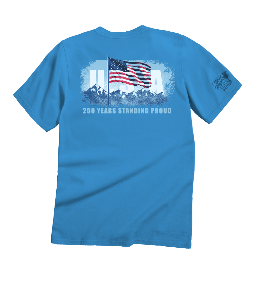 Blue t-shirt with American flag graphic and text on a white background