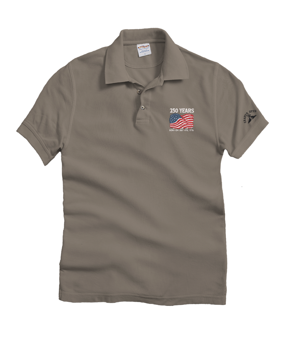 Crater Dyed polo shirt with American flag design on a white background