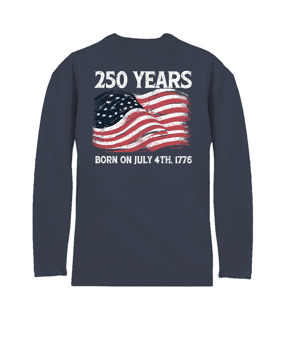 Navy long-sleeve shirt with American flag and text on a white background View 1