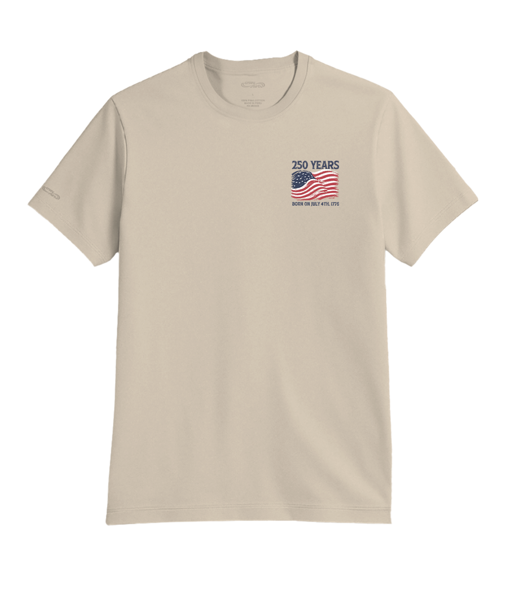 Beige t-shirt with American flag and text on a white background View 4