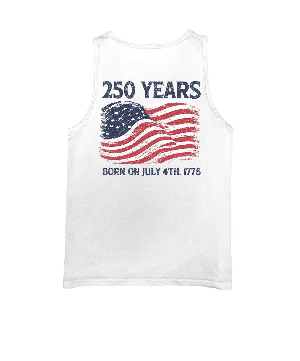 White tank top with American flag and text on a white background View 1