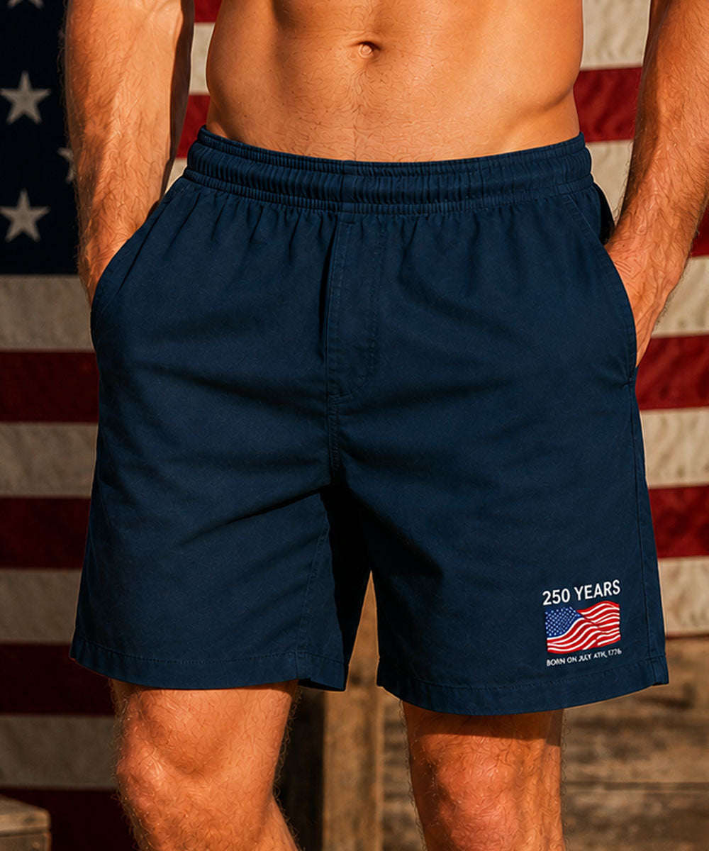Navy blue shorts with a 250th anniversary design on an American flag background View 2