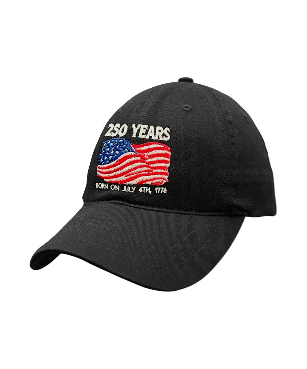 Black cap with American flag and '250 Years' text on a white background View 1