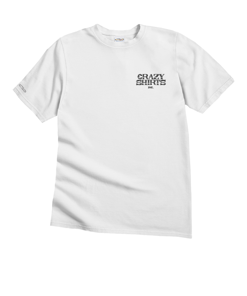 White t-shirt with 'Crazy Shirts' text on a white background View 4