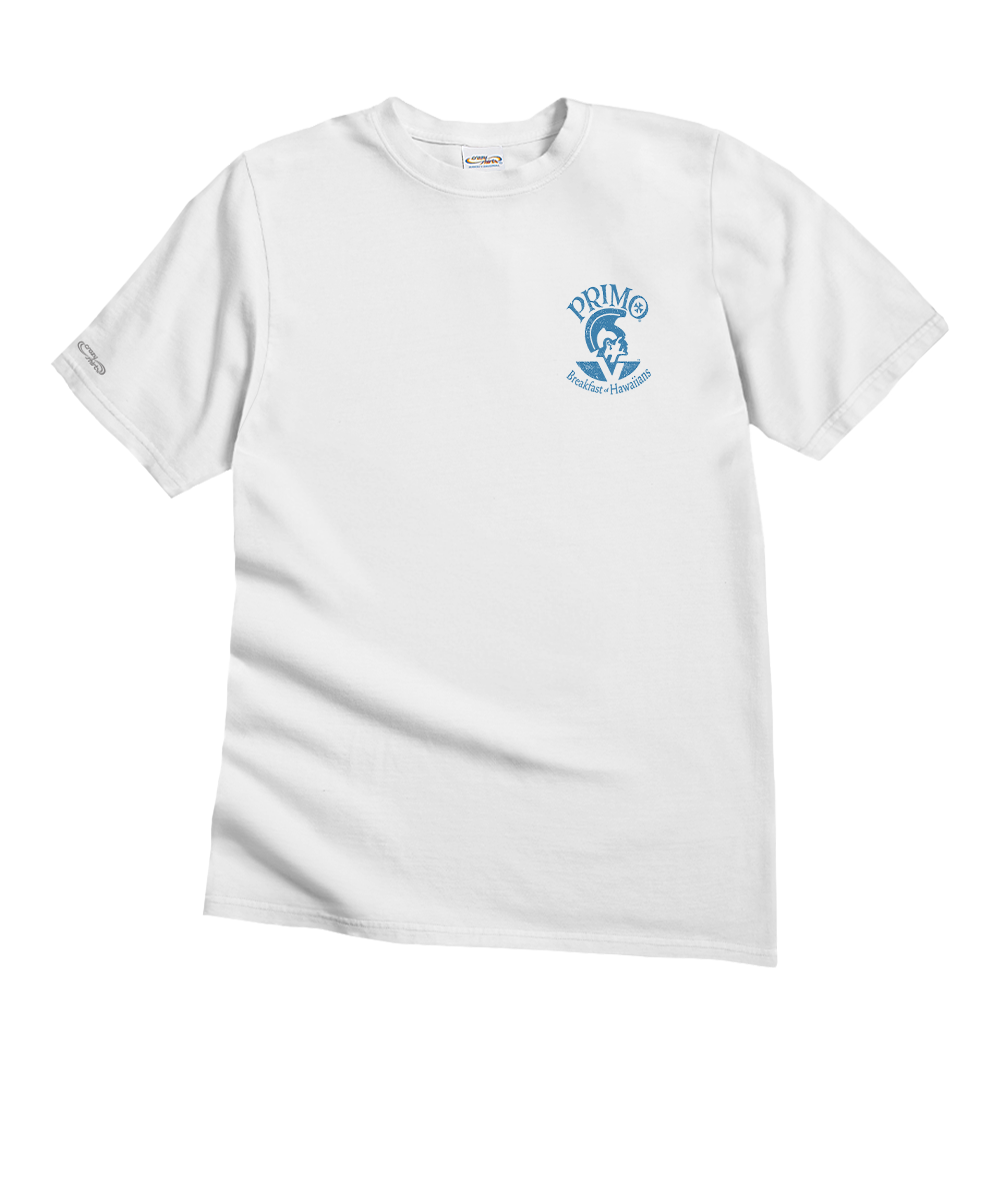 White t-shirt with a blue logo on a white background View 4