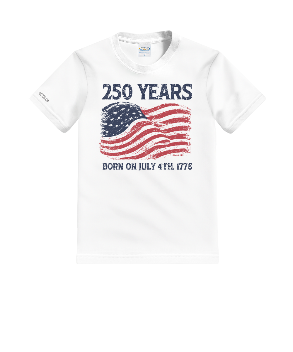 White t-shirt with American flag graphic and text on a white background View 1