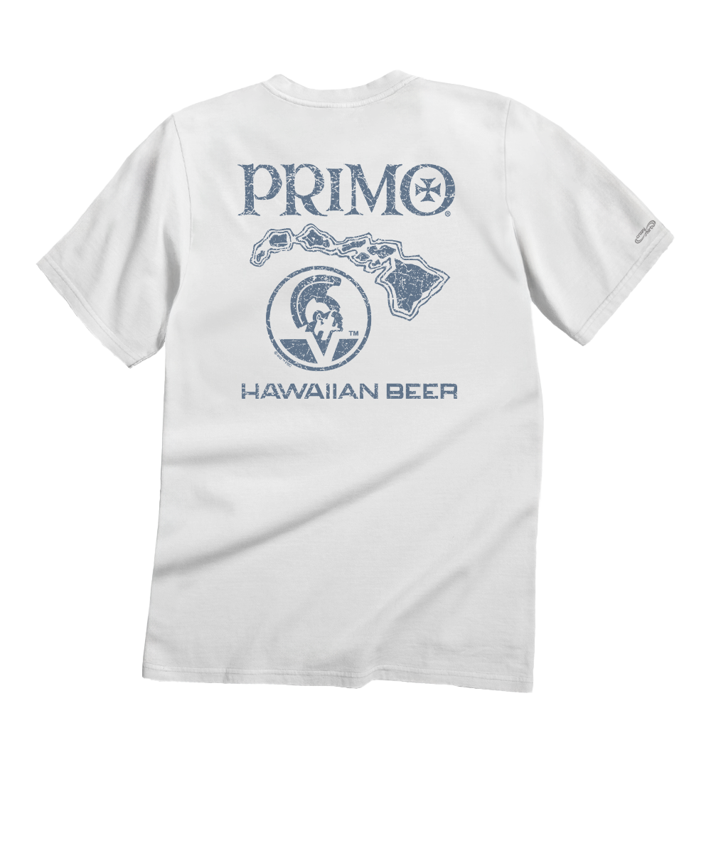 White t-shirt with 'Primo Hawaiian Beer' logo on a white background View 1