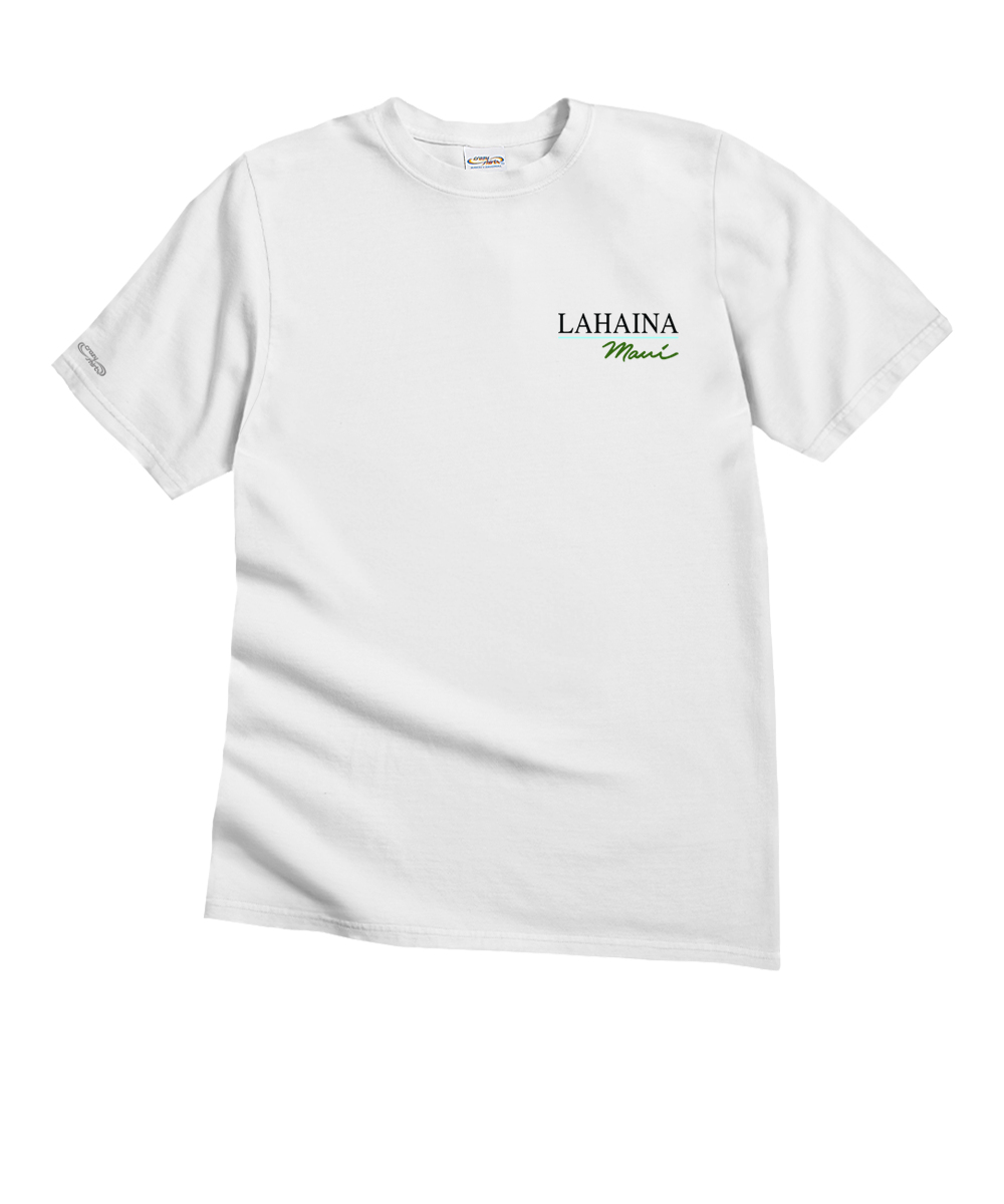A white short-sleeve crewneck t-shirt with 'LAHAINA Maui' printed on the left chest in black and green lettering, displayed against a plain white background. View 4