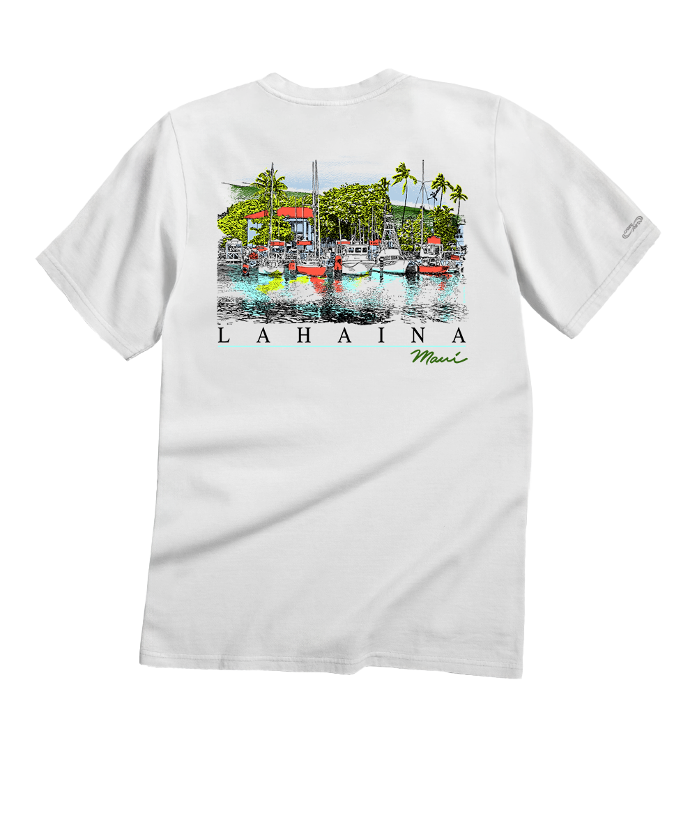 White short-sleeve t-shirt showing the back side with a colorful graphic print of a Lahaina marina scene and the text 'LAHAINA Maui'. View 1