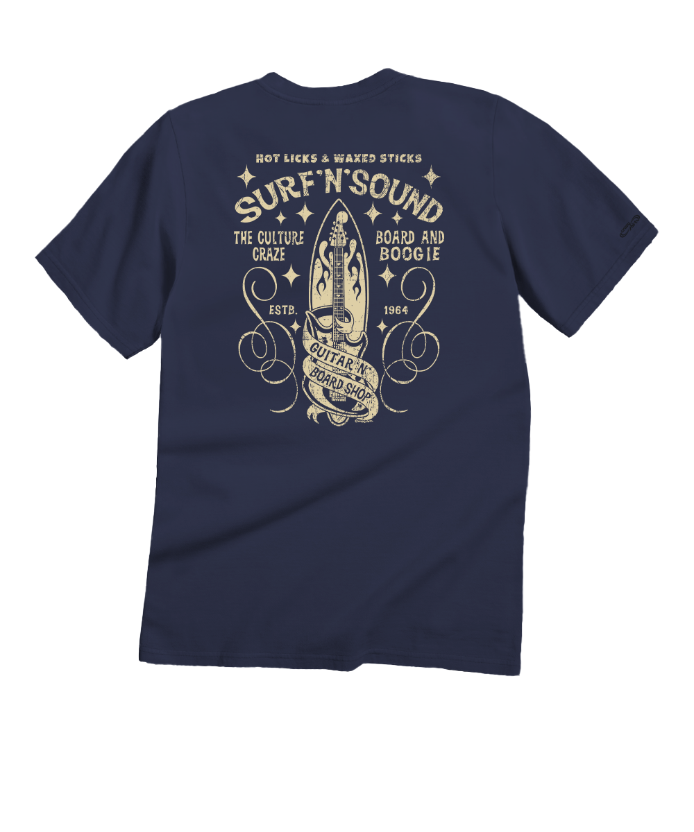 A navy blue short-sleeve t-shirt shown from the back, featuring a large cream-colored graphic print with the text 'SURF 'N'SOUND' and a vintage surfboard illustration. View 1