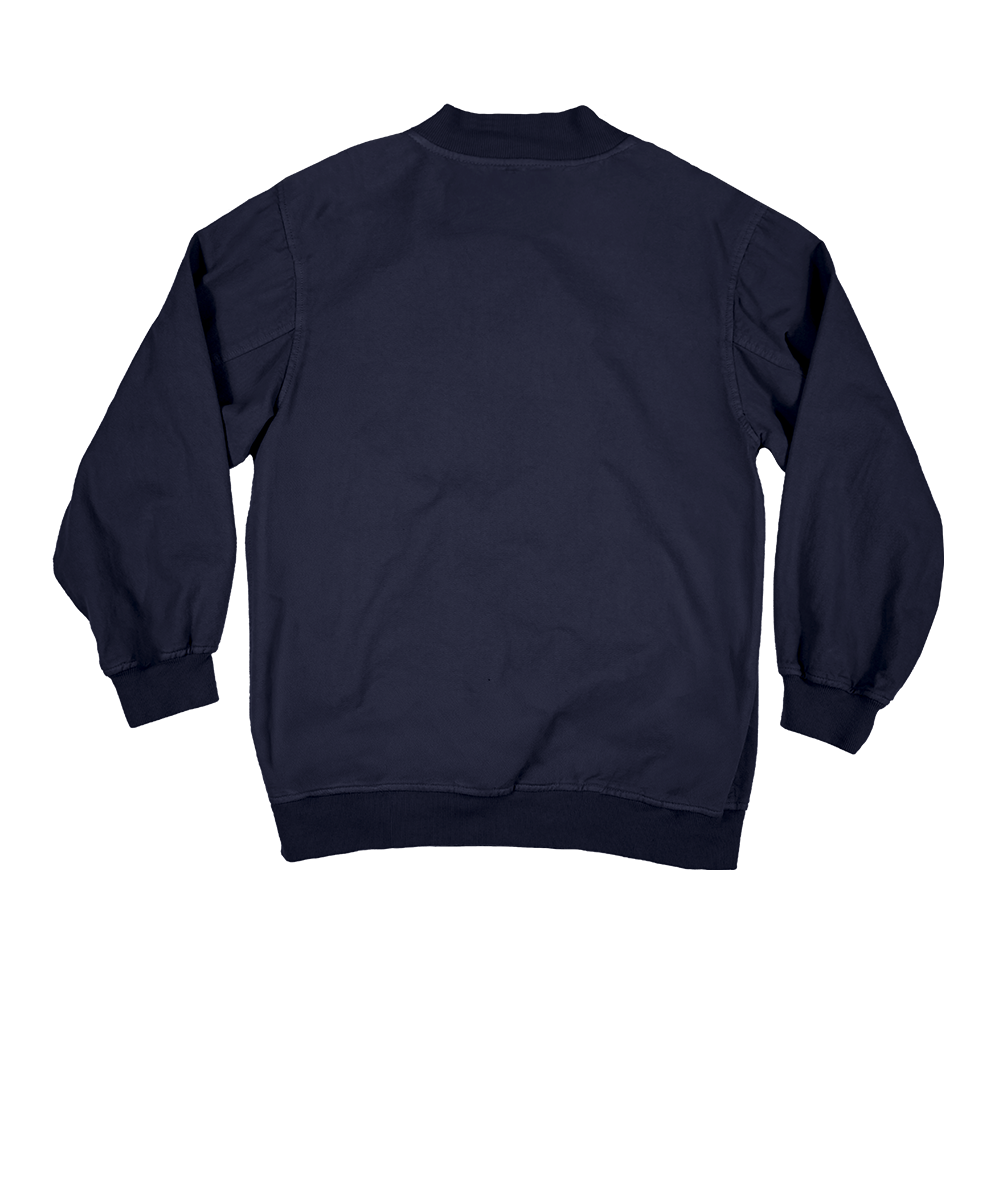A dark navy blue crewneck sweatshirt shown from the back, laid flat against a solid white background. View 4