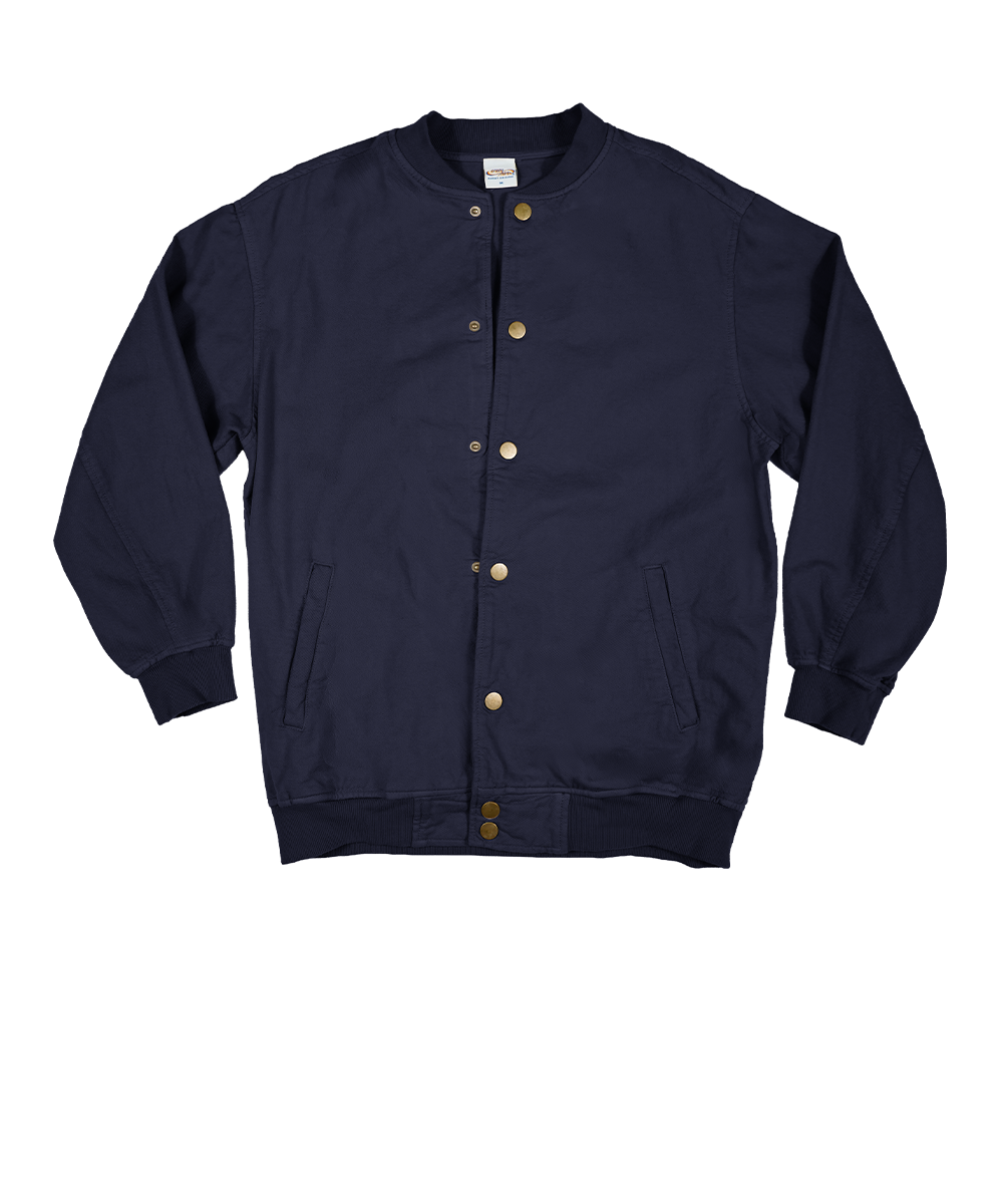 A navy blue cotton varsity-style jacket with gold-toned snap buttons, ribbed collar, cuffs, and hem, and two front patch pockets, shown flat against a white background. View 4