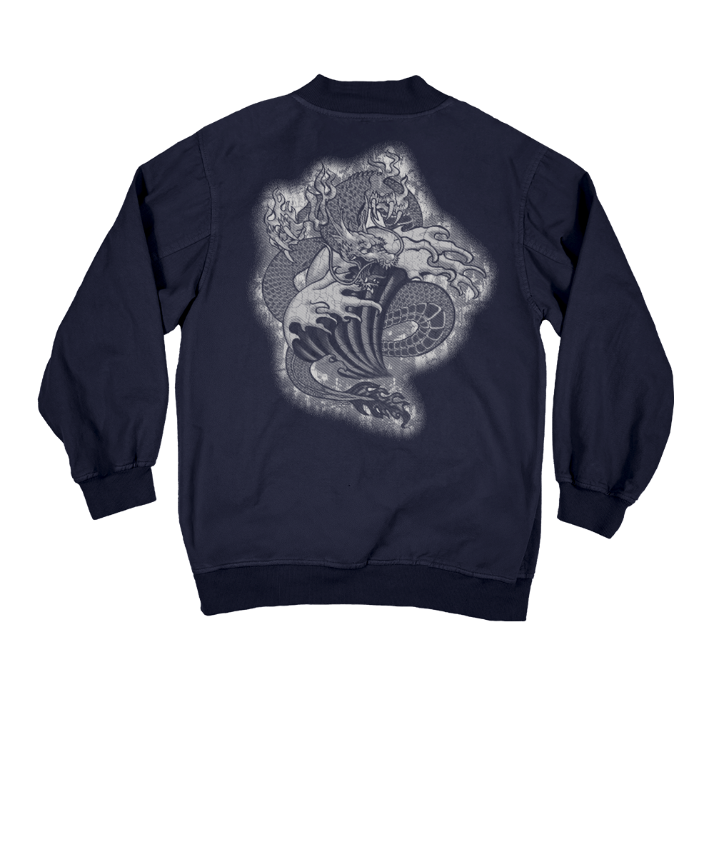 A navy blue crewneck sweatshirt shown from the back, featuring a large, detailed gray and white graphic print of a Japanese wave and dragon motif. View 1