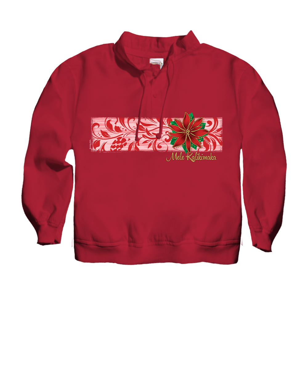 A red long-sleeve pullover hoodie with a festive Christmas graphic on the chest. The graphic features a horizontal red and white patterned banner, a green and red poinsettia flower, and the text 'Merry Christmas' in gold script. View 1