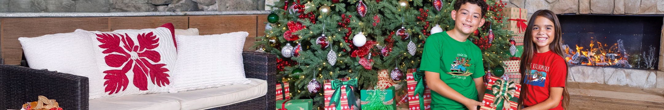 Two images: one of a couch with a decorative pillow, the other of two children in front of a Christmas tree.