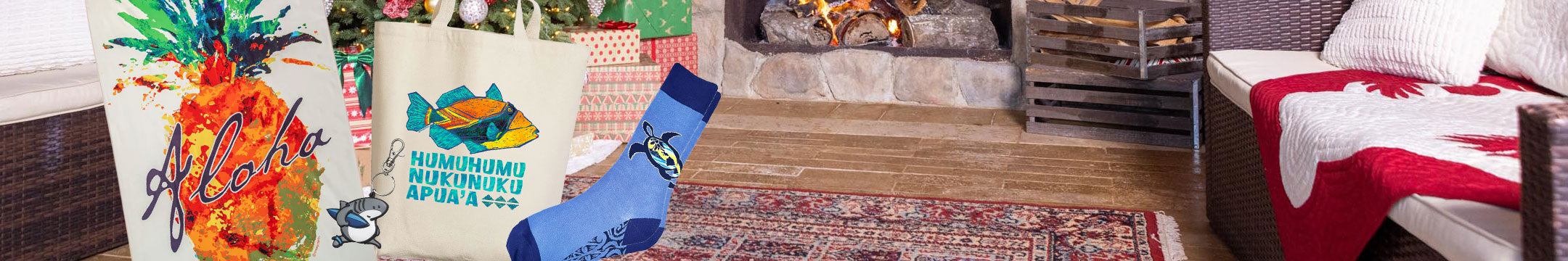 Tote bag, socks, and blanket with pineapple design in a cozy living room setting.