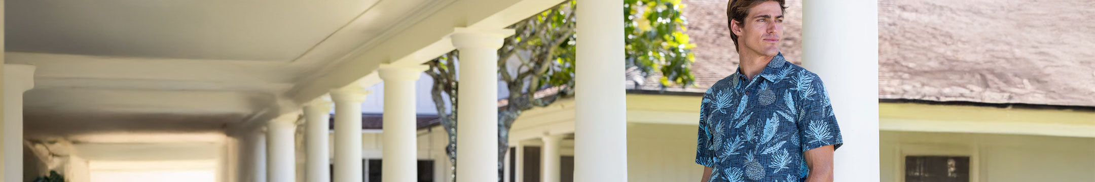 Person standing on a covered porch with columns and trees in the background