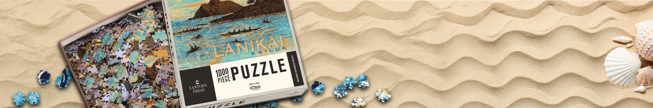 Puzzle packaging with a scenic design on a sandy background